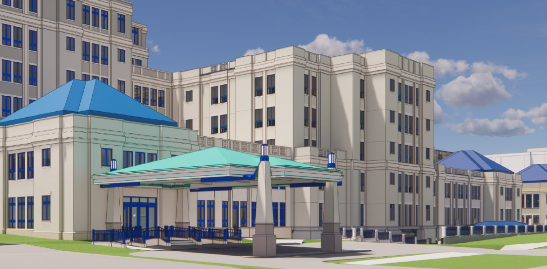 Rendering of a large, light-colored building with blue roofs, multiple stories, and a covered entrance with ramps